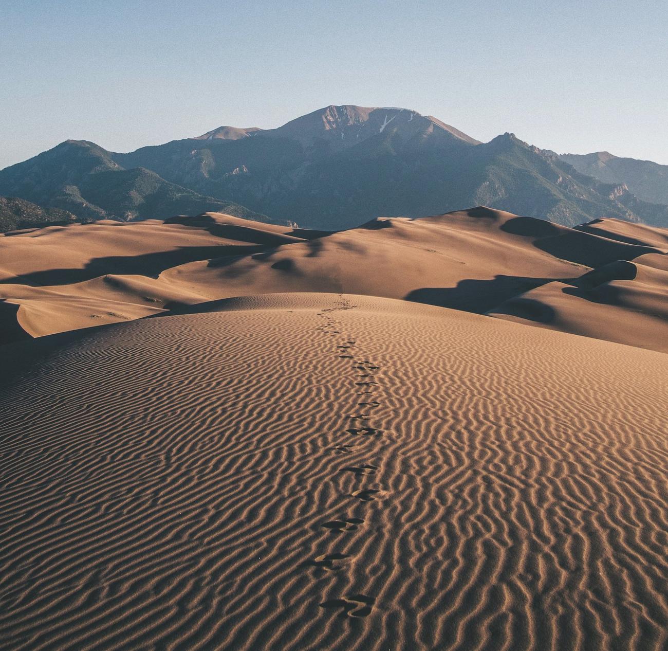 Footprints crossing desert sand toward a mountain